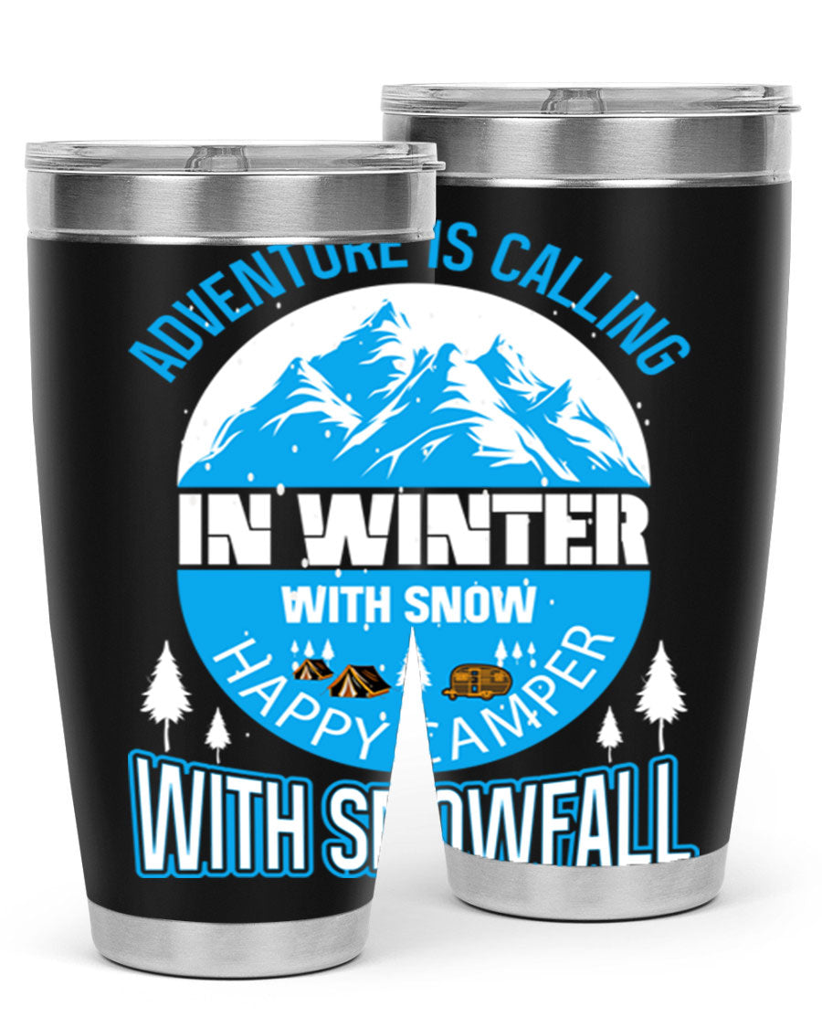 Camping Winter 39# Tumbler in stainless steel with a drink-thru lid, showcasing its sleek design and double wall insulation.